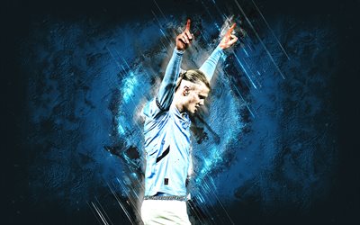 erling haaland, manchester city fc, norsk fotbollsspelare, blå stenbakgrund, grunge konst, premier league, engelska, fotboll