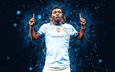 jeremy doku, 4k, luzes de neon azul, manchester city fc, premier league, jogadores de futebol belgas, jeremy doku 4k, futebol, jeremy doku manchester city