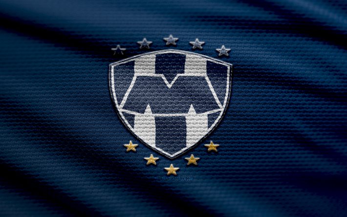 CF Monterrey fabric logo, 4k, blue fabric background, Liga MX, bokeh, soccer, CF Monterrey logo, football, CF Monterrey emblem, CF Monterrey, mexican football club, Monterrey FC