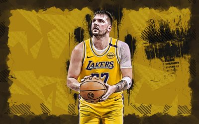4k, Luka Doncic, yellow grunge background, Los Angeles Lakers, NBA, Slovenian basketball players, Luka Doncic 4K, basketball, National Basketball Association, LA Lakers, Luka Doncic Lakers