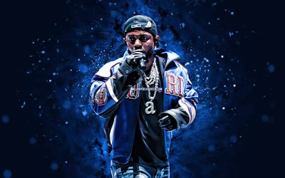 켄드릭 라마르, 4k, 블루 네온 조명, 콘서트, 미국 래퍼, 음악 스타, 미국 가수, kendrick lamar duckworth, 파란색 초록 배경, 켄드릭 라마르 4k
