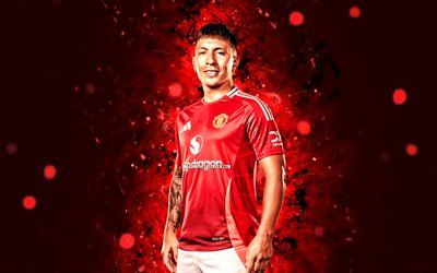 4k, Lisandro Martinez, red abstract background, Manchester United FC, Premier League, argentine footballers, Lisandro Martinez 4K, red neon lights, football, soccer, Lisandro Martinez Manchester United, Man United