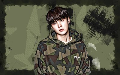 4k, suga, sfondo del grunge verde, star della musica, bts, cantante sudcoreana, min yoon gi, kpop, boys bangtan, band coreana, celebrità coreana, suga 4k, k pop, suga bts