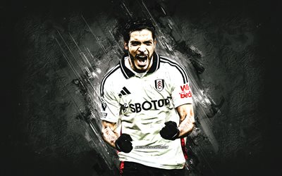 Raul Jimenez, Fulham FC, Mexican football player, Raul Alonso Jimenez Rodriguez, white stone background, grunge art, Premier League, England, football