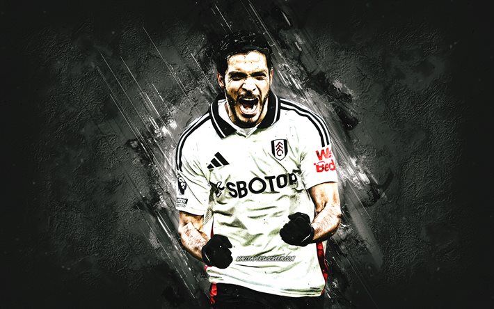 Raul Jimenez, Fulham FC, Mexican football player, Raul Alonso Jimenez Rodriguez, white stone background, grunge art, Premier League, England, football