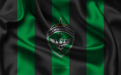 4k, manaus fc logo, tecido de seda preta verde, time de futebol brasileiro, emblema manaus fc, serie brasileira d, manaus fc, brasil, futebol, manaus fc flag, manaus