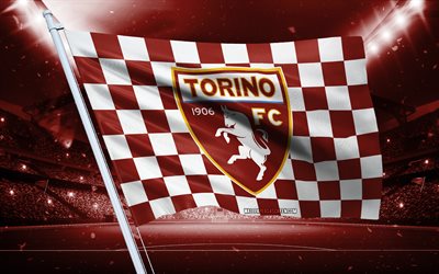 4k, logo torino fc, club di calcio italiano, flag di stadio, flag dei fan di torino fc, bandiera bianca bianca marrone, emblema di torino fc, serie a, italia, calcio, torino fc