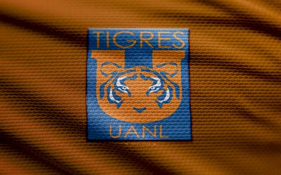 Tigres UANL fabric logo, 4k, orange fabric background, Liga MX, bokeh, soccer, Tigres UANL logo, football, Tigres UANL emblem, Tigres UANL, mexican football club, Tigres UANL FC