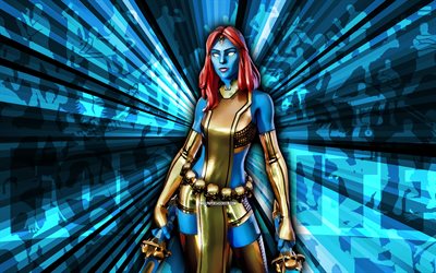 4k, goldfolie mystik, blauer strahlenhintergrund, goldfolie mystik haut, zusammenfassung kunst, fortnite gold folie mystique haut, fortnite  charaktere, fortnite gold foil mystique, fortnite, kreative kunst