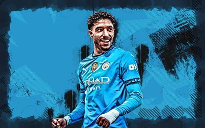 4k, Omar Marmoush, blue grunge background, Manchester City FC, Premier League, Egyptian footballers, Omar Marmoush 4k, football, soccer, Man City, Omar Marmoush Manchester City
