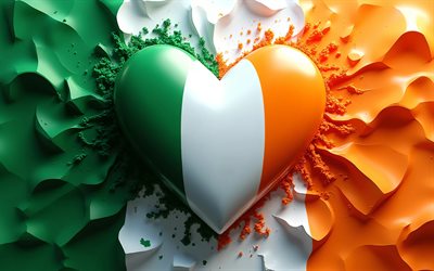 4k, amo irlanda, arte 3d, fondo colorido 3d, creativo, dia de irlanda, bandera de irlanda, corazón con bandera irlandesa, corazones 3d, bandera irlandesa, irlanda, amor por irlanda