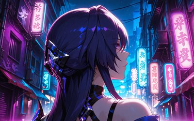 aqueronte, 4k, noche, coloridos letreros de neón, carril estelar honkai, de cerca, calle, personajes de anime, manga, personajes de honkai star rail, ojos violetas, riel estelar acheron honkai