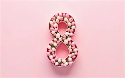 8 de marzo, 4k, tarjeta rosa del 8 de marzo, tulipanes rosados, jarrón número 8, día internacional de la mujer, conceptos de primavera, tarjeta del 8 de marzo con tulipanes, tarjeta de felicitación del día internacional de la mujer, tulipanes, conceptos del 8 de marzo