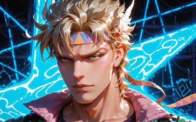 4k, Caesar Anthonio Zeppeli, blue abstract background, JoJos Bizarre, artwork, manga, Shiza Antonio Tseperi, JoJos Bizarre characters, Caesar Anthonio Zeppeli JoJos Bizarre