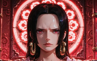 4k, boa hancock, anillos de neón rojos, una pieza, oscuridad, obra de arte, fondo abstracto rojo, retrato, emperatriz pirata, personajes de una pieza, piratas kuja, manga, boa hancock una pieza