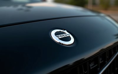 logo volvo, 4k, cappuccio nero, segno di volvo, emblema volvo, logo volvo sul cofano nero, auto svedesi, volvo