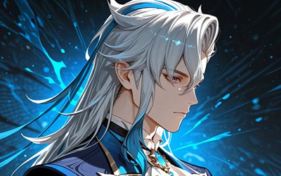 4k, neuvillette, rayos azules, violinista, impacto de genshin, fondo abstracto azul, personajes de anime, obra de arte, personajes de impacto de genshin, impacto de neuvillette genshin