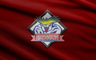 fischtown pinguins 패브릭 로고, 4k, 빨간색 패브릭 배경, 델, 보케, 하키, 피쉬타운 핀긴스 로고, 피쉬타운 핀긴스 엠블럼, 독일 하키팀, 피쉬타운 펭귄스