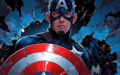 4k, capitaine amérique, bouclier, fond grunge bleu, super héros, marvel bandes dessinées, oeuvre d'art, dessins de captain america, fan art, capitaine amérique 4k
