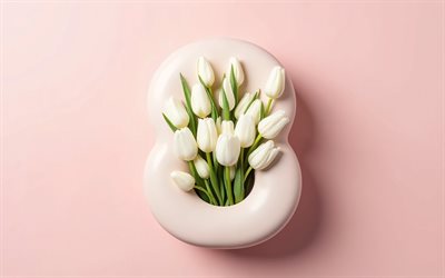 beyaz lale buketi, 8 mart, pembe arka plan, uluslararası kadınlar günü, laleler, 8 rakamı şeklinde buket, pembe 8 mart kartı, beyaz laleler, 8 mart tebrik kartı, 8 mart konseptleri