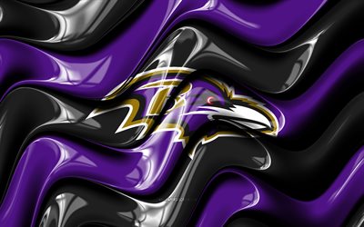 logotipo 3d de los cuervos de baltimore, 4k, ondas 3d violetas negras, nfl, fútbol americano, bandera de los cuervos de baltimore, creativo, logotipo de los cuervos de baltimore, emblema de los cuervos de baltimore, equipo de fútbol americano, cuervos de baltimore