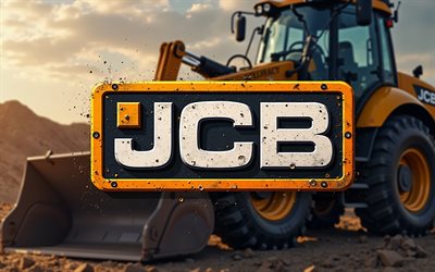 JCB 3D logo, 4k, wheel loader, bokeh, grunge art, brands, JCB metal logo, creative, JCB logo, construction equipment, JCB