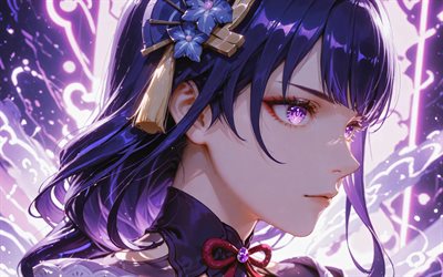 4k, shogun raiden, de cerca, fondo abstracto violeta, impacto de genshin, ojos violetas, personajes de anime, personajes de impacto de genshin, raiden shogun genshin impacto