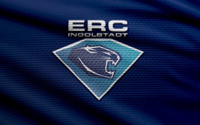 erc 잉골슈타트 패브릭 로고, 4k, 블루 패브릭 배경, 델, 보케, 하키, erc 잉골슈타트 로고, erc 잉골슈타트 엠블럼, 독일 하키팀, erc 잉골슈타트