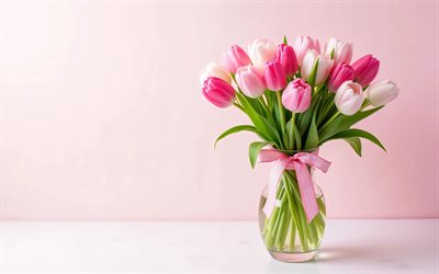 4k, الزنبق الأبيض الوردي, فن الأزهار, تقليلية, مزهرية زجاجية, خلفية وردية, زهور الربيع, باقة من زهور التوليب, زهور جميلة, القوس الوردي, ربيع, الخلفية مع زهور التوليب, الزهور البيضاء الوردية, زهور التوليب