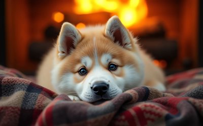 4k, cachorro akita inu, de cerca, hogar, animales lindos, manta a cuadros, bokeh, cachorros, perros, bozal, akita conoce, obsoleto, gran perro japonés, akita inu, mascotas, akita japonés, perro en manta, perro akita inu