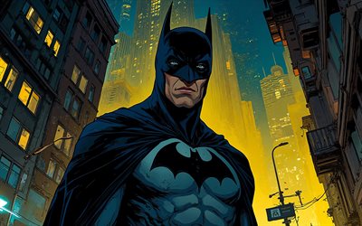 4k, yarasa adam, sanat, sarı şehir manzarası, dc çizgi romanları, süper kahramanlar, yaratıcı, karanlık, sanat eseri, batman sanatı, hayran sanatı, yarasa adam 4k