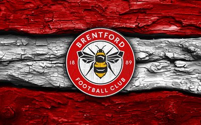 Brentford FC wooden logo, 4k, red white wooden background, Premier League, soccer, Brentford FC logo, football, Brentford FC emblem, Brentford FC, english football club, FC Brentford