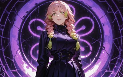 Mitsuri Kanroji, 4k, violet abstract background, Demon Slayer, protagonist, pink hair, Demon Slayer Kimetsu no Yaiba, manga, Kanroji Mitsuri, Demon Hunter, Mitsuri Kanroji Kimetsu no Yaiba