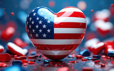 4k, amo estados unidos, creativo, bokeh, dia de estados unidos, arte 3d, bandera de estados unidos, corazón con bandera americana, corazones 3d, bandera americana, eeuu, amor por estados unidos, amo américa