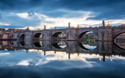 Vecchio Ponte Principale, sera, città, luci, nuvole, Bayern, Germania