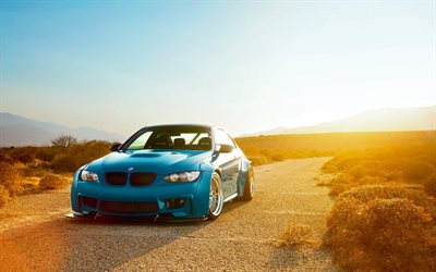 desierto, puesta de sol, la optimización, el BMW M3 E92, azul bmw, eufemismo, coupe