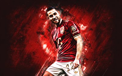 raphael guerreiro, fc bayern münchen, portugisisk fotbollsspelare, röd stenbakgrund, grunge konst, fotboll, raphael adelino jose guerreiro, raphael guerreiro bayern münchen