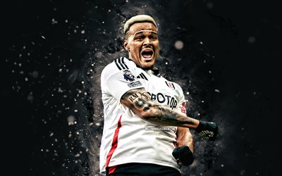 Rodrigo Muniz, 4k, white neon lights, Fulham FC, Premier League, Brazilian footballers, Rodrigo Muniz 4K, football, soccer, Rodrigo Muniz Carvalho, Fulham, Rodrigo Muniz Fulham