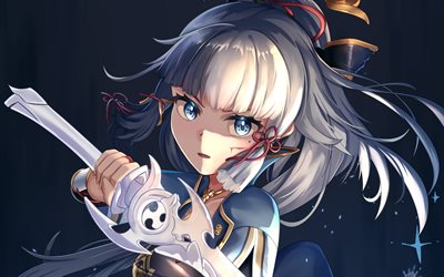 kamisato ayaka, batalla, impacto de genshin, kimono, personaje crio, ojos azules, personajes de anime, obra de arte, personajes de impacto genshin, espada, kamisato ayaka genshin impacto
