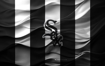 4k, chicago white sox logosu, siyah beyaz 3d arka plan, chicago white sox amblemi, amerikan beyzbol takımı, chicago white sox bayrağı, 3d doku, mlb, amerika, chicago white sox, beyzbol, major league beyzbol