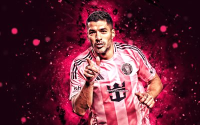 Luis Suarez, 4k, pink neon lights, Inter Miami CF, MLS, Uruguayan footballers, Luis Suarez 4K, football, soccer, Inter Miami, Major League Soccer, Inter Miami FC, Luis Suarez Inter Miami
