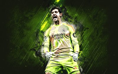 Thibaut Courtois, Real Madrid, Belgian football player, goalkeeper, green stone background, grunge, La Liga, Spain, football, Thibaut Courtois Real Madrid