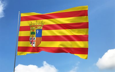 drapeau aragon sur le mât, 4k, communautés espagnoles, ciel bleu, drapeau de l'aragon, drapeaux satin ondulés, drapeau aragon, communautés d'espagne, mât avec drapeau, jour d'aragon, espagne, aragon