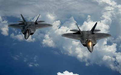 4k, boeing f 22 raptor, coppia di combattenti, combattente volante, combattente americano, us air force, f 22, aereo da combattimento, f 22 raptor, combattenti, aereo militare, boeing