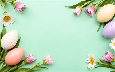 4k, marco de pascua, fondo turquesa, plumas, huevos de pascua, flores de primavera, felices pascuas, marco con huevos de pascua, plantilla de tarjeta de pascua, marcos de pascua, antecedentes con huevos de pascua, pascua de resurrección