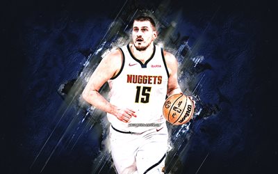 Nikola Jokic, Denver Nuggets, Serbian basketball player, blue stone background, grunge art, NBA, USA, basketball, Nikola Jokic Denver Nuggets