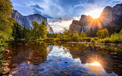 yosemite milli parkı, 4k, gün batımı, nehir, yaz, vadi, dağlar, kaliforniya, amerika, güzel doğa, amerikan