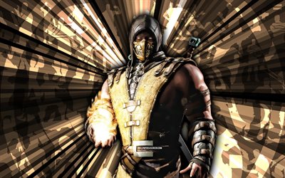 4k, scorpion, kombat mortel, contexte des rayons d'or, mkm, art abstrait, mortal kombat mobile, scorpion mkm, personnages mortels de kombat, mortel kombat x, scorpion mortal kombat, art créatif