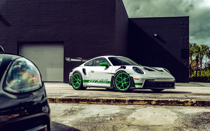 4k, Porsche 911 GT3 RS, front view, exterior, white sports coupe, tuning Porsche 911, GT3 RS, white Porsche 911, German sports cars, Porsche