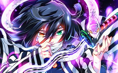 obanai iguro, 4k, hétérochromie, kimetsu no yaiba, épée, manga, protagoniste, iguro obanai, hashira serpent, tube de démon, obanai iguro kimetsu no yaiba